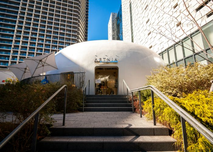 The stairs leading up to Artnia Cafe, the Final Fantasy-themed cafe next to the Square Enix office.